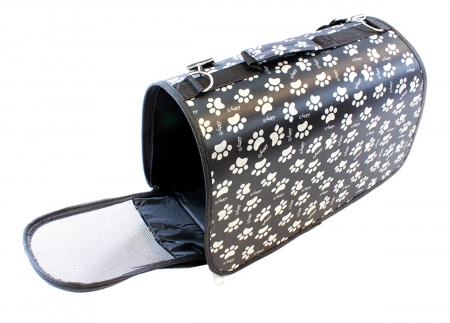 Import EmagMarketplace - Geanta transport caini sau pisici 45x20x27 cm, pliabila, negru cu imprimeu labute bej