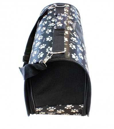 Geanta transport caini sau pisici 45x20x27 cm, pliabila, negru cu imprimeu labute bej [2]