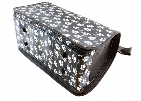 Geanta transport caini sau pisici 45x20x27 cm, pliabila, negru cu imprimeu labute bej [3]