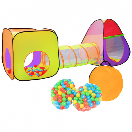 Casute si corturi copii - Loc de joaca 280cm lungime cu protectie UV, pentru copii, calitate premium, multifunctional, pentru interior si exterior, cort, tunel intermediar si iglu, 200 Bile multicolore incluse si geanta depozi
