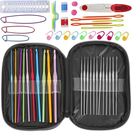 Produse Mercerie - Set de crosetat Ruhhy, cu 50 piese, cu husa gri de depozitare