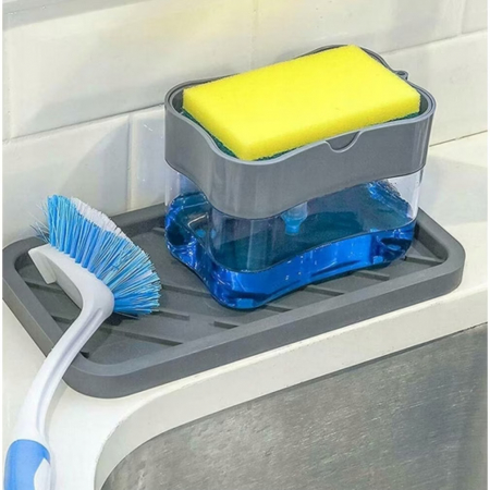 Set Dozator/Dispenser Detergent Lichid de Vase 2 in 1, Burete si Suport Inclus, Rezervor 385ml, Culoare Gri [3]