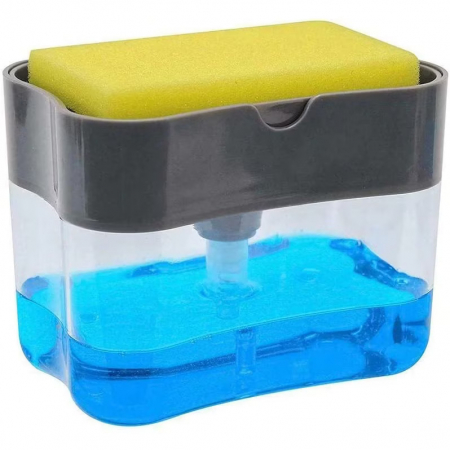 Accesorii chiuvete - Set Dozator/Dispenser Detergent Lichid de Vase 2 in 1, Burete si Suport Inclus, Rezervor 385ml, Culoare Gri
