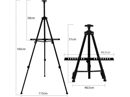 Sevalet de pictura din aluminiu, Reglabil 50 x 160 cm, Picioare auto-nivelante, Husa depozitare inclusa, Negru [3]