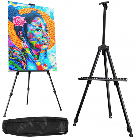 Sevalet de pictura din aluminiu, Reglabil 50 x 160 cm, Picioare auto-nivelante, Husa depozitare inclusa, Negru [2]