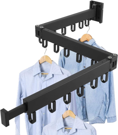 Organizator unelte - Suport de haine retractabil Ruhhy, 127 cm, aluminiu, montat pe perete, uscator de rufe cu suport pentru umerase, pentru balcon, baie, dormitor, negru