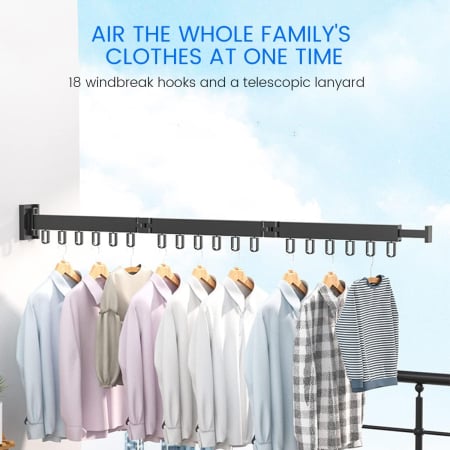 Suport de haine retractabil Ruhhy, 127 cm, aluminiu, montat pe perete, uscator de rufe cu suport pentru umerase, pentru balcon, baie, dormitor, negru [5]