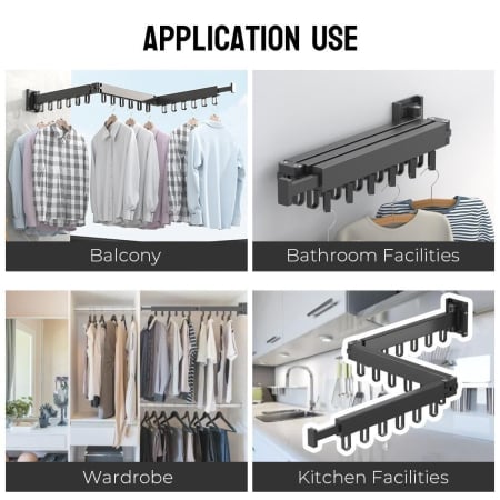 Suport de haine retractabil Ruhhy, 127 cm, aluminiu, montat pe perete, uscator de rufe cu suport pentru umerase, pentru balcon, baie, dormitor, negru [2]