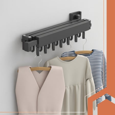 Suport de haine retractabil Ruhhy, 127 cm, aluminiu, montat pe perete, uscator de rufe cu suport pentru umerase, pentru balcon, baie, dormitor, negru [8]