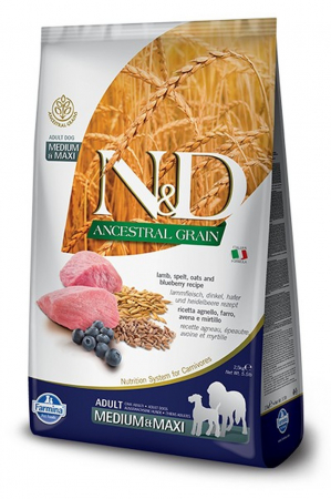 Caini - N&D Ancestral Grain Adult Medium & Maxi Miel si Afine 12kg