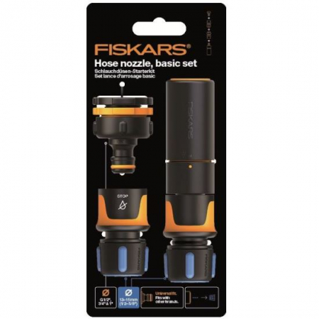 Irigare - Set accesorii de baza pentru furtun de gradina Fiskars, duza pentru stropit, conector pentru robinet G1/2'', conector pentru furtun 13-15 mm (1/2''-5/8''), conector cu AquaSTOP pentru furtun 13-15 mm 