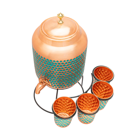 Set din cupru Smarald 5L cu 4 pahare și stativ – recipient lucrat manual din cupru 99,9% pur [1]