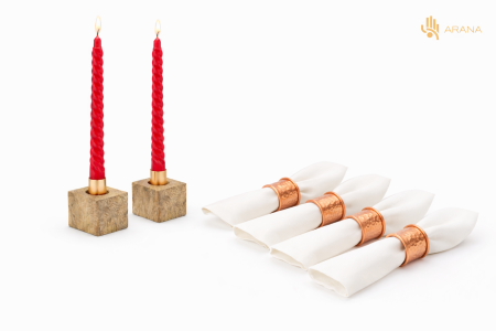 Noutati - Премиум комплект ARANA – дървени и медни свещници + медни пръстени за салфетки Elegance