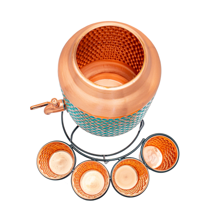Set din cupru Smarald 5L cu 4 pahare și stativ – recipient lucrat manual din cupru 99,9% pur [2]