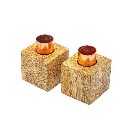 Deco - Set 2 suporturi pentru lumânări din cupru și lemn