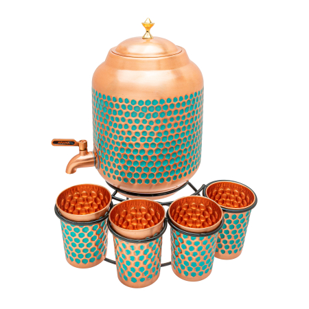 Copper Mugs and Cups - Emerald Copper Set 5L with 4 Cups and Stand – Handcrafted Dispenser from 99.9% Pure Copper