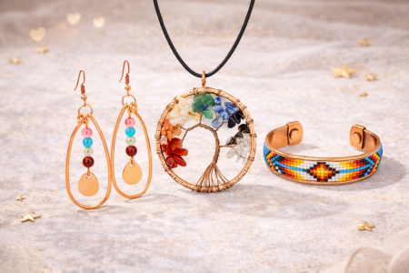 Bijuterii din cupru - Set bijuterii din cupru Arborele Vieții & Pearl & Charm – pandantiv, cercei și brățară reglabilă