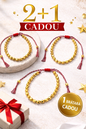 Bijuterii din cupru - Set brățară cadou Sferic din alamă – 2+1, bile metalice, reglabilă, șnur textil