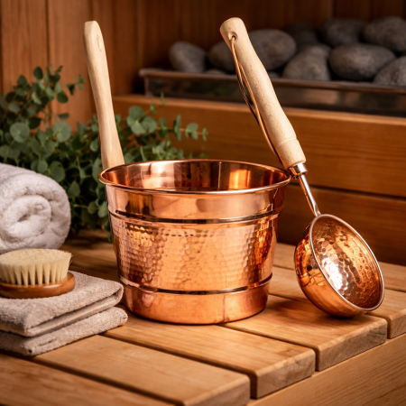 Recipiente din cupru - Медна кофа за сауна с черпак