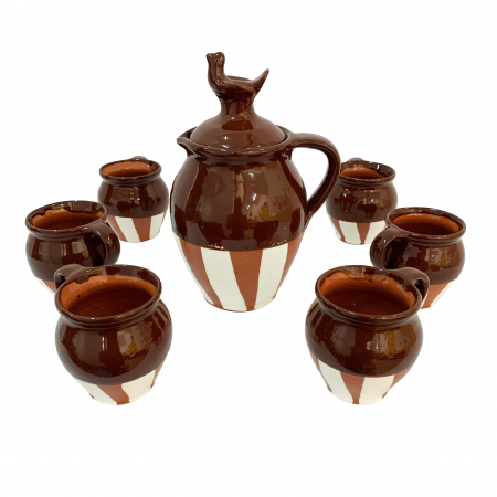 Servicii - cana-cu-6-cesti-din-ceramica-de-arges-realizate-manual-argcoms-vin-pictura-traditionala-fond-maro-6022