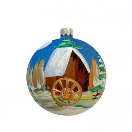 Ø80 - glob-din-sticla-suflata-si-pictata-manual-argcoms-fabrica-lui-mos-craciun-moara-pe-apa-multicolor-fond-rosu-albastru-80-mm-sferic-6678-6681