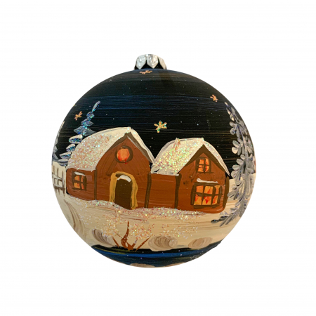 Ø100 - glob-din-sticla-suflata-si-pictata-manual-argcoms-fabrica-lui-mos-craciun-noaptea-la-cabana-multicolor-fond-negru-100-mm-sferic-6615-6617