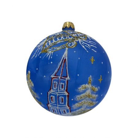 Ø100 - glob-din-sticla-suflata-si-pictata-manual-argcoms-fabrica-lui-mos-craciun-personalizabil-flori-de-gheata-turn-multicolor-fond-albastru-100-mm-sferic