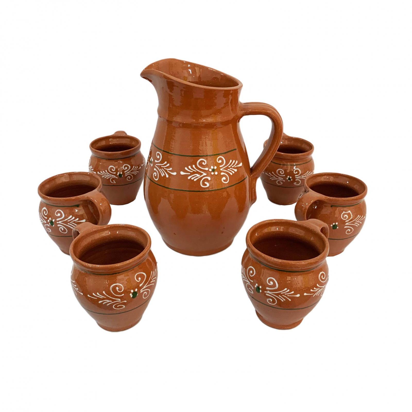 jury gall bladder delicacy Carafa cu 6 cesti din ceramica de Arges realizate manual, Argcoms, Vin/Apa,  Pictura traditionala