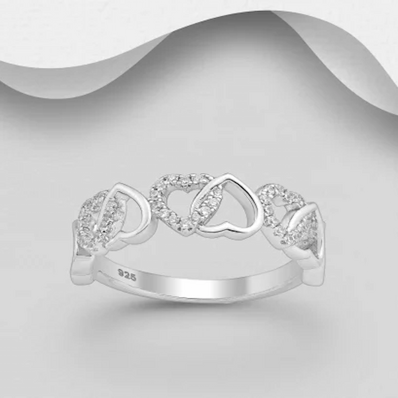 INELE ARGINT CU PIETRE - Inel cu inimioare din argint Sterling 925 cu diamante simulate