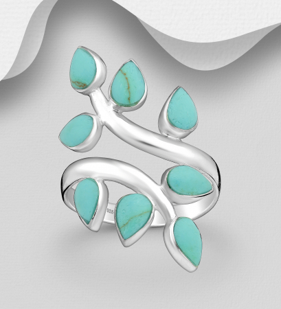 INELE ARGINT CU PIETRE - Inel Frunza reglabil din argint Sterling 925 cu Turcoaz reconstruit