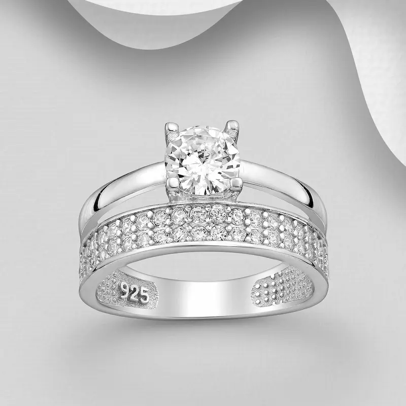 BIJUTERII SI CEASURI - Inel tip logodna dublu din argint Sterling 925 cu diamante simulate