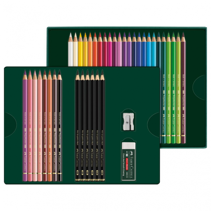 Set 32 Creioane Colorate POLYCHROMOS + 6 Creioane Grafit Matt + Accesorii, Faber-Castell [2]