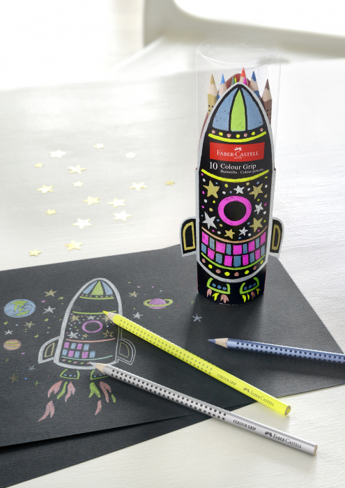 Set Cadou Racheta Creioane Colorate Grip 5 Neon + 5 Metalizate Faber-Castell [4]