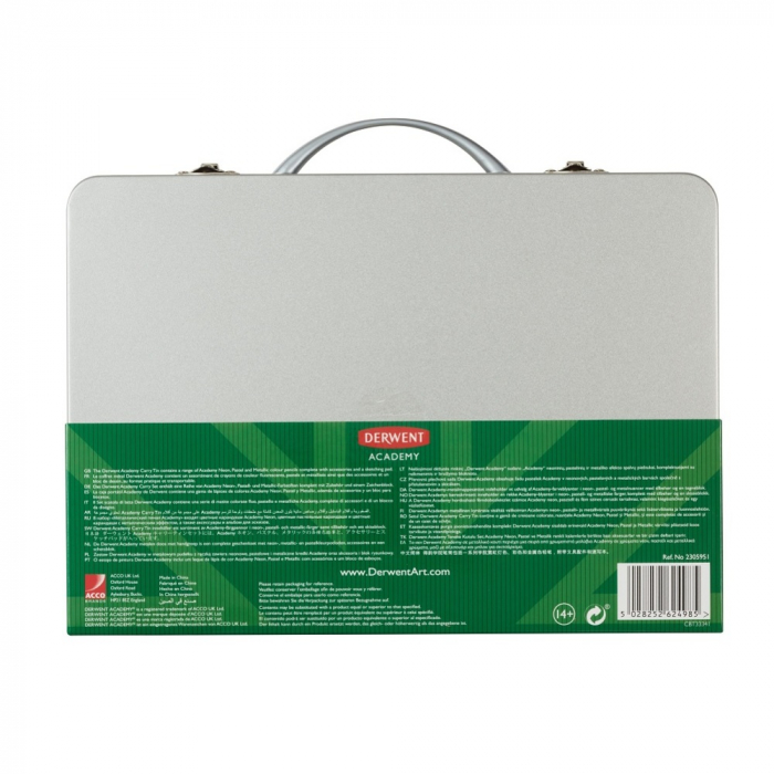 Set complet pentru desen DERWENT Academy, cutie metalica, creioane colorate, 28 buc/set, culori metalice, pastel si neon [2]