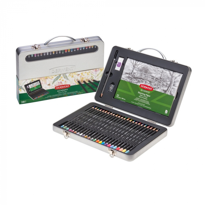 Set complet pentru desen DERWENT Academy, cutie metalica, creioane colorate, 28 buc/set, culori metalice, pastel si neon [1]