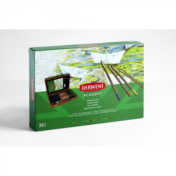 Set complet pentru schite si desen DERWENT Academy, cutie din lemn, creioane colorate, acuarela si grafit, 35 buc/set, diverse culori [2]
