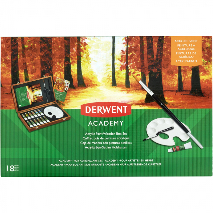Set Culori Acrilice DERWENT Academy, 12 ml, cutie din lemn, 18 buc/set, Derwent [2]