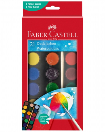 Acuarele, tempera, guase, pictura cu degetele - Acuarele 21 culori 30 mm +Pensula 2023, Faber-Castell