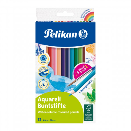 Creioane colorate - Creioane colorate Aquarella, set 12 + pensula, Pelikan, set 12, Pelikan