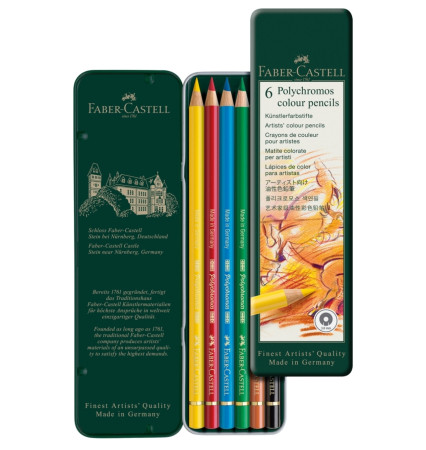 NOU - Creioane Colorate Polychromos 6 Culori Cutie Metal, Faber-Castell