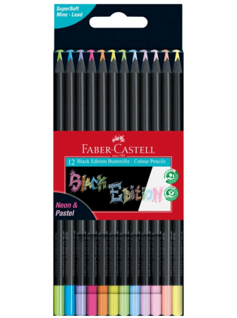 Creioane Colorate Permanente - Creioane colorate 12 culori Pastell+ Neon Black Edition Faber Castell