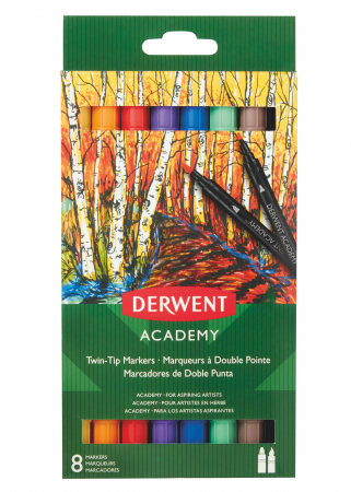 Academy - Markere cu 2 capete - varf tip pensula si varf fin, 8 buc/set Derwent Academy