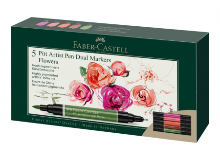 Markere Desen - Pitt Artist Pen Dual Marker Flowers Set 5 culori, Faber-Castell
