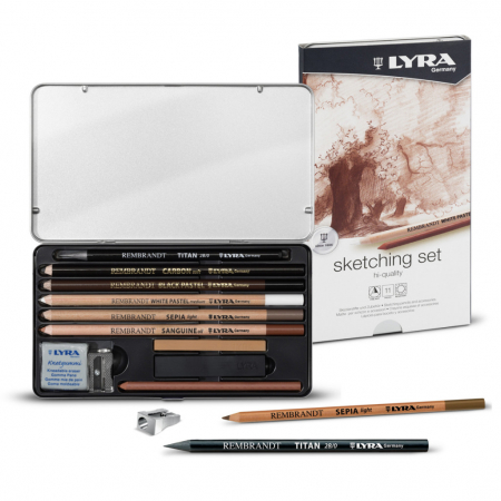 Lyra - Set 11 Piese, Creioane + accesorii  Sketching in cutie metalica Rembrandt, Lyra