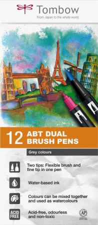 Desen - Set 12 Colours Grey ABT Dual Brush Pens, Tombow