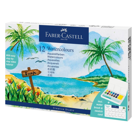 Acuarele, Culori acrilice, Tempera, Uleiuri - Set Acuarele Tropical Escapes Creative Studio, 12 Culori + Pensulă cu Rezervor de Apa,  Faber-Castell