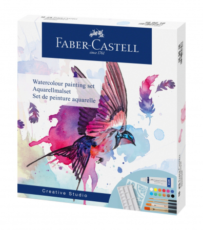 Acuarele, Culori acrilice, Tempera, Uleiuri - Set Creativ Tempera Acuarele 18 piese (12 culori + 4 pensule + paleta+ sablon), Faber-Castell