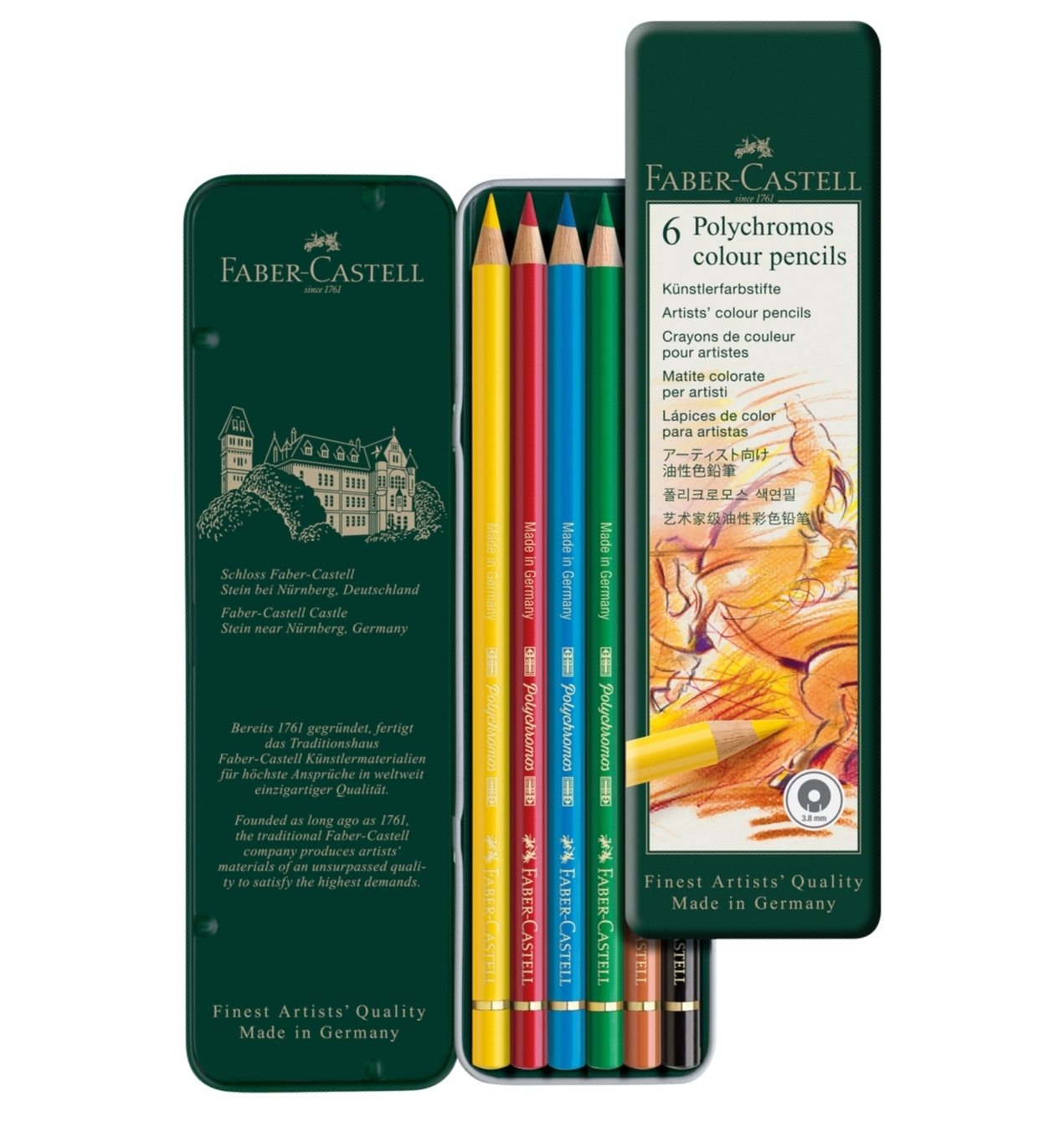 Creioane Colorate Polychromos 6 Culori Cutie Metal, Faber-Castell