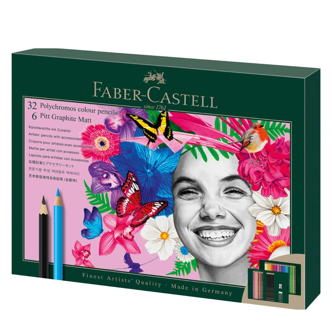 Set 32 Creioane Colorate POLYCHROMOS + 6 Creioane Grafit Matt + Accesorii, Faber-Castell