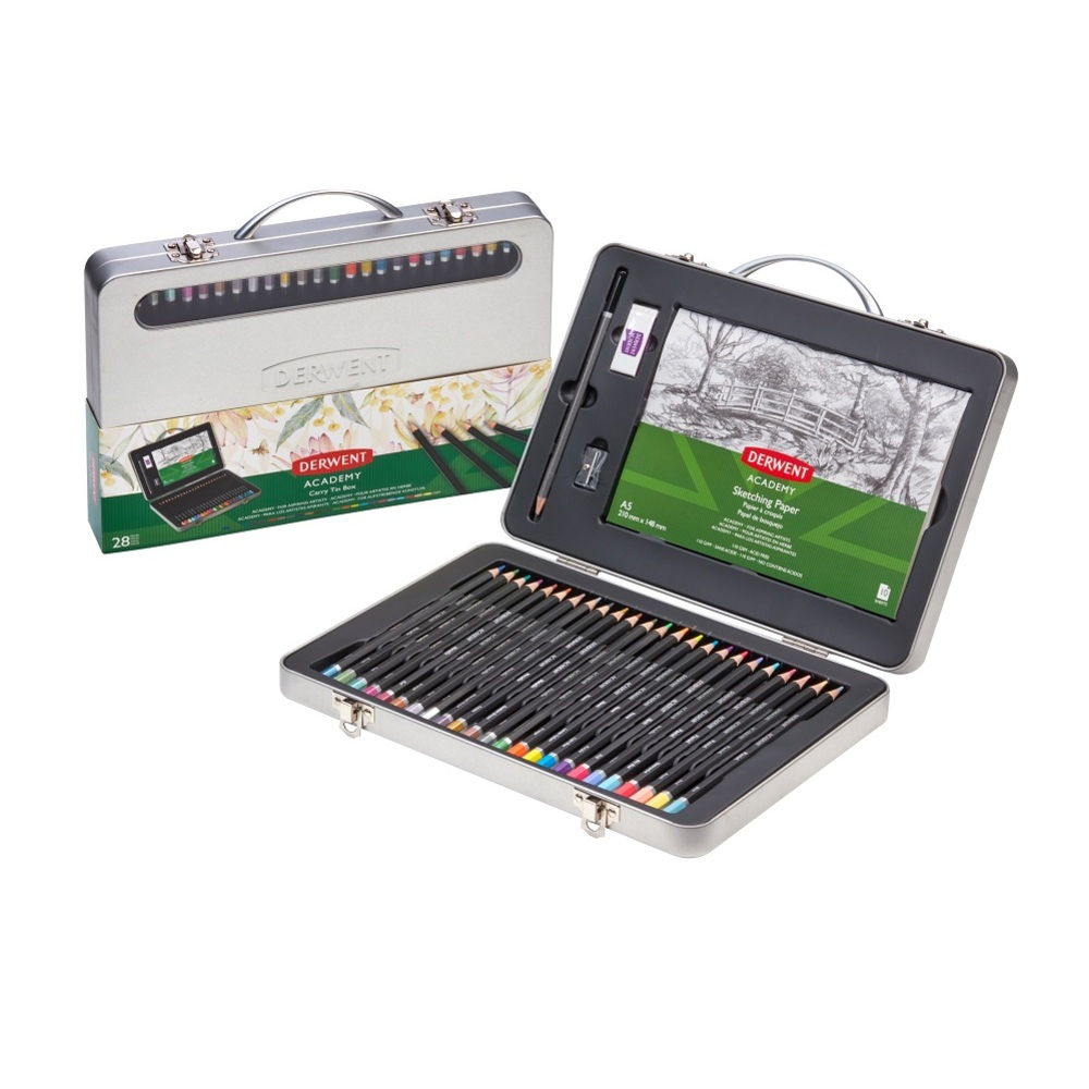 Set complet pentru desen DERWENT Academy, cutie metalica, creioane colorate, 28 buc set, culori metalice, pastel si neon